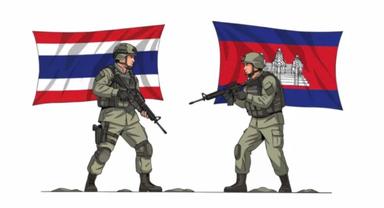 Soldats thaï et cambodgien sur fond de drapeaux