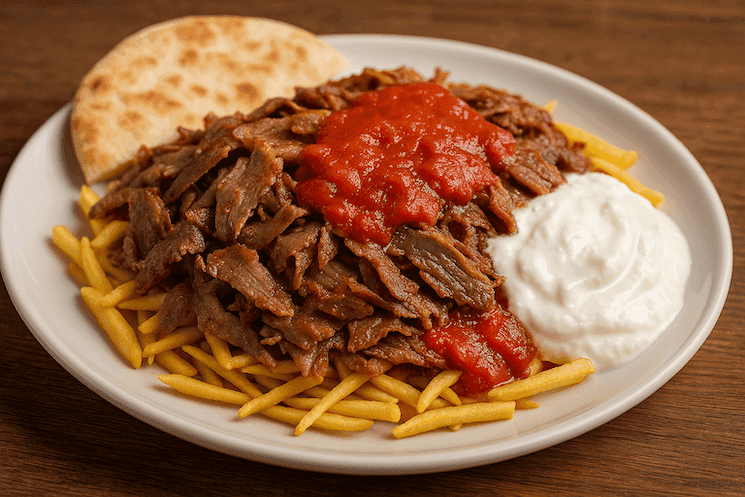 Assiette de Çökertme kebabı avec frites, viande, yaourt et sauce tomate, plat traditionnel turc élu meilleur plat de veau au monde en 2025.