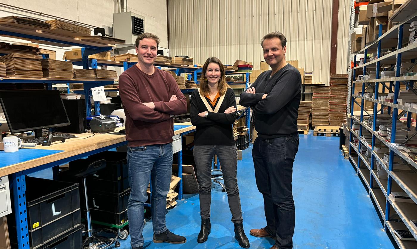 Les 3 co-fondateurs dans l'entrepôt de Lireka (de gauche à droite : Robin Mallein, Emma Henry, Marc Bordier)