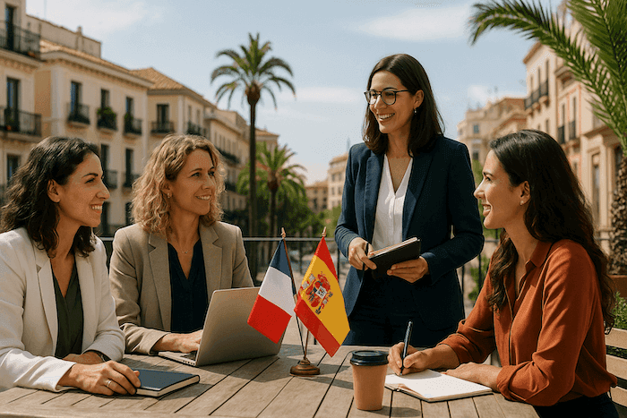Quatre femmes professionnelles discutent autour d’une table en terrasse dans une ville espagnole ensoleillée. Des drapeaux français et espagnol sont posés au centre, symbolisant une collaboration franco-espagnole. L’arrière-plan montre des bâtiments méditerranéens, des palmiers et un ciel bleu.