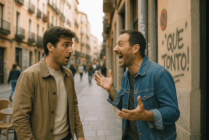 Deux hommes discutent de manière animée dans une rue animée d’une ville espagnole. L’un, surpris, regarde l’autre qui rit aux éclats en gesticulant. Sur le mur derrière eux, un graffiti indique « ¡QUE TONTO! », soulignant le ton humoristique ou moqueur de l’échange.
