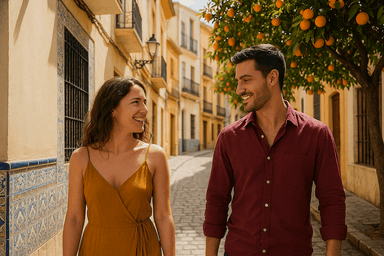 Un jeune couple marche côte à côte dans une ruelle ensoleillée de Malaga. Ils échangent un regard complice et souriant, entourés de maisons aux façades ocres décorées d’azulejos et d’orangers en fruits. L’ambiance chaleureuse et lumineuse évoque la convivialité andalouse, teintée d’une possible touche de séduction.