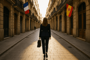 Femme professionnelle marchant dans une rue typique de Madrid ou Barcelone, en tailleur, portant une mallette, entre deux rangées d’immeubles ornés des drapeaux français et espagnol.