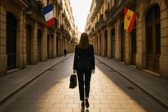 Femme professionnelle marchant dans une rue typique de Madrid ou Barcelone, en tailleur, portant une mallette, entre deux rangées d’immeubles ornés des drapeaux français et espagnol.