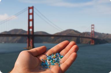 Des micro plastiques dans une paume de main dans le Baie de San Francisco