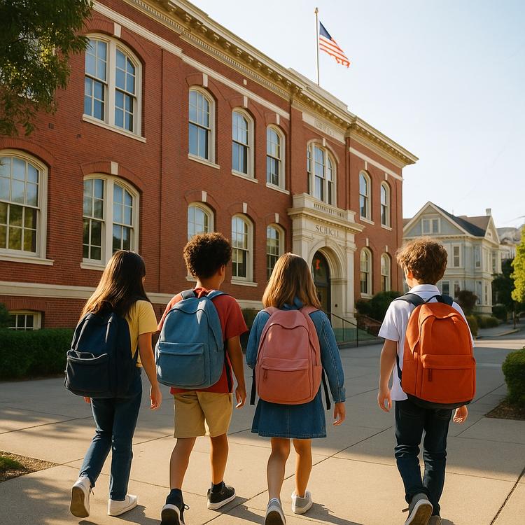 Des élèves allant à l'école avec leur cartable
