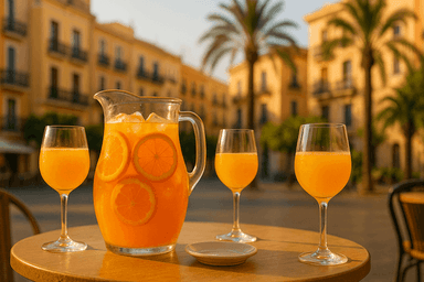 ChatGPT a dit : Carafe d’Agua de Valencia bien fraîche, remplie de tranches d’orange et de glaçons, entourée de trois verres sur une table en terrasse, avec en arrière-plan flou des palmiers et des façades colorées baignant dans la lumière dorée d’un après-midi d’été à Valence.
