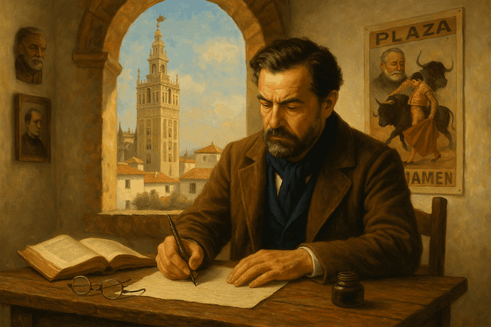 Peinture réaliste d’un écrivain étranger assis à une table en bois, concentré sur son manuscrit, avec un livre ouvert et des lunettes posées devant lui. À travers l’arche de pierre, on distingue la Giralda de Séville. Au mur, un poster de corrida avec le portrait d’Hemingway et des portraits d’écrivains rappellent le lien entre littérature et Espagne.