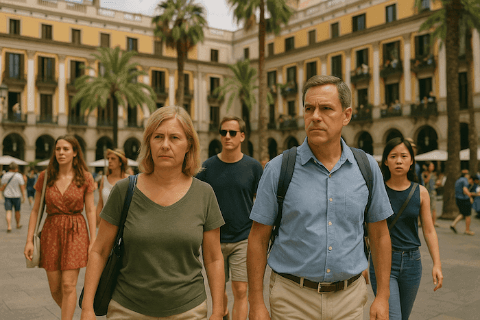 Sur une place ensoleillée d'une ville espagnole bordée de palmiers et d’immeubles à arcades, plusieurs touristes déambulent. Au premier plan, un couple d’âge moyen marche avec une expression sérieuse, l’homme portant une chemise bleue et un sac à dos, la femme en T-shirt vert. D'autres visiteurs les suivent, chacun semblant absorbé par ses pensées dans cette ambiance urbaine estivale.
