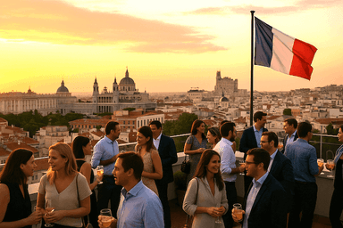 Rooftop animé à Madrid au coucher du soleil, avec des invités francophones discutant autour de verres et un drapeau français flottant en arrière-plan, face au Palais Royal et à la cathédrale de l’Almudena.