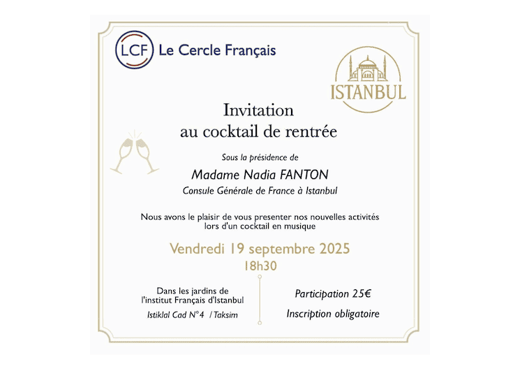 Invitation au cocktail de rentrée du Cercle Français à Istanbul le 19 septembre 2025