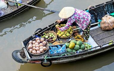 vendeuse de fruits sur un bateau au Vietnam