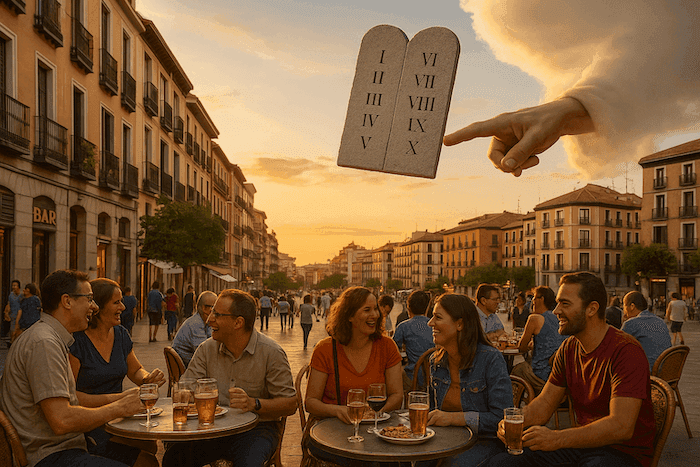 Photo d’une terrasse madrilène animée au coucher du soleil : des amis rient autour de verres de bière et de tapas, tandis qu’une main divine émerge des nuages pour désigner, avec humour, une tablette de pierre gravée des dix commandements.