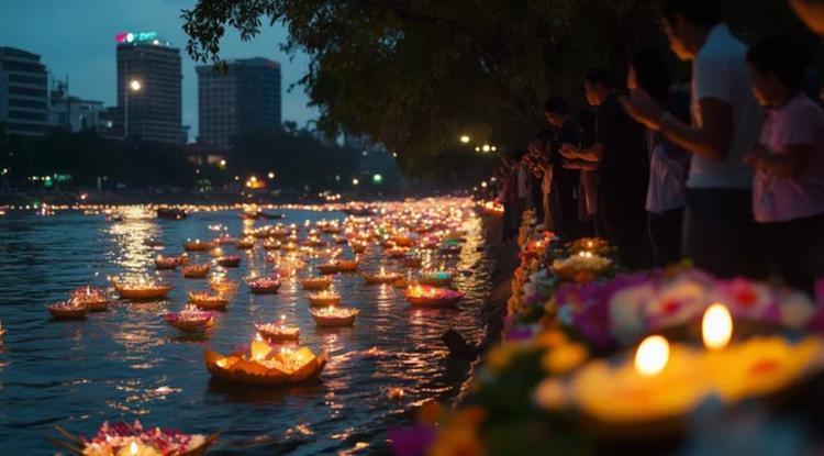 Lanternes sur une rivière en Thaïlande