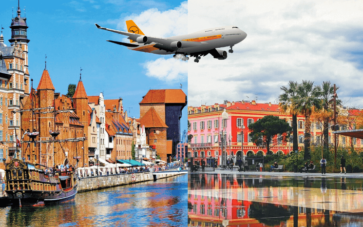 Couverture montrant la ville de Gdansk à gauche et la ville de Nice à droite