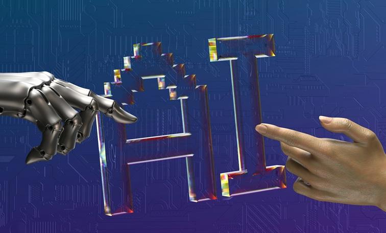 deux mains se touchant devant un fond bleu AI