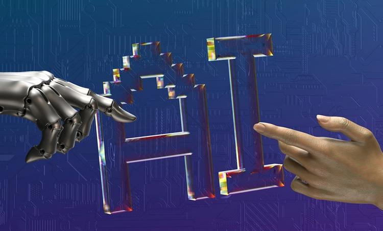 deux mains se touchant devant un fond bleu AI