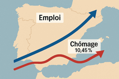 Graphique stylisé en format paysage montrant une carte de l’Espagne en arrière-plan, avec deux courbes superposées : une ligne ascendante représentant la progression de l’emploi et une autre, légèrement montante, illustrant la hausse du chômage — symbolisant le paradoxe du marché du travail espagnol.