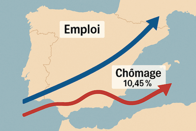 Graphique stylisé en format paysage montrant une carte de l’Espagne en arrière-plan, avec deux courbes superposées : une ligne ascendante représentant la progression de l’emploi et une autre, légèrement montante, illustrant la hausse du chômage — symbolisant le paradoxe du marché du travail espagnol.
