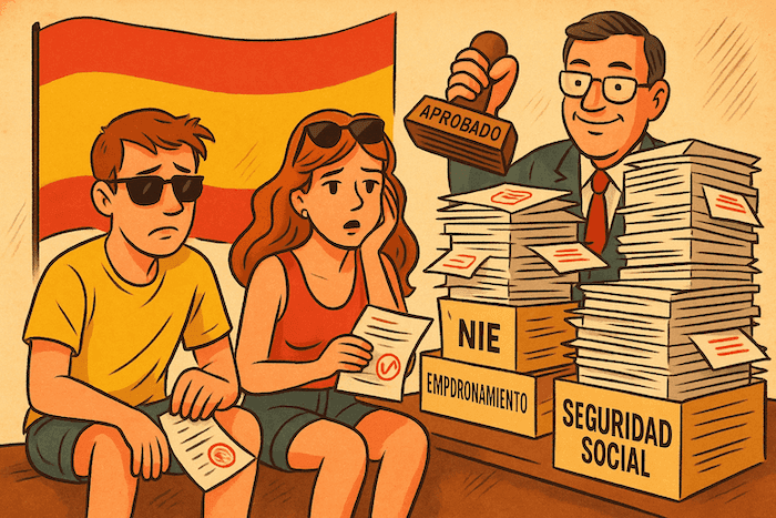Illustration humoristique en format paysage montrant un couple de nouveaux arrivants en Espagne, assis devant une montagne de papiers administratifs étiquetés « NIE », « Empadronamiento » et « Seguridad Social ». Derrière eux, un fonctionnaire souriant brandit un tampon « Aprobado », sur fond de drapeau espagnol.