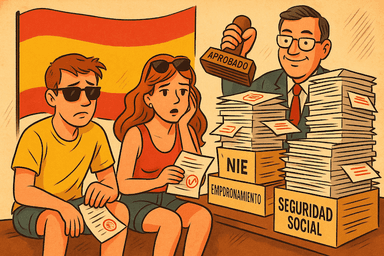 Illustration humoristique en format paysage montrant un couple de nouveaux arrivants en Espagne, assis devant une montagne de papiers administratifs étiquetés « NIE », « Empadronamiento » et « Seguridad Social ». Derrière eux, un fonctionnaire souriant brandit un tampon « Aprobado », sur fond de drapeau espagnol.