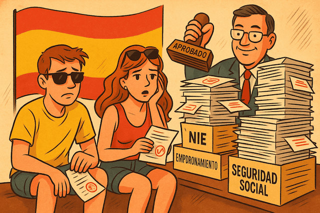 Illustration humoristique en format paysage montrant un couple de nouveaux arrivants en Espagne, assis devant une montagne de papiers administratifs étiquetés « NIE », « Empadronamiento » et « Seguridad Social ». Derrière eux, un fonctionnaire souriant brandit un tampon « Aprobado », sur fond de drapeau espagnol.