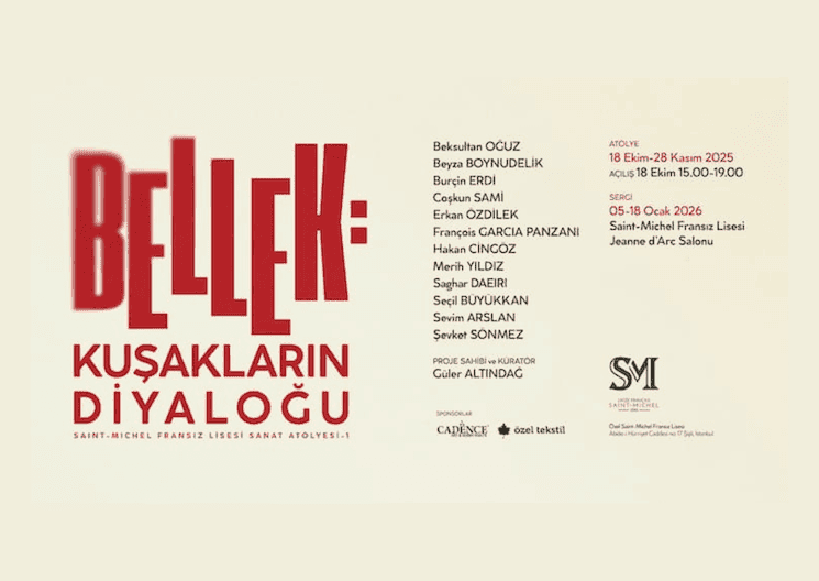 Affiche officielle de l’atelier « Mémoire : Dialogues au fil des âges » du lycée français Saint-Michel, indiquant les artistes, dates de l’atelier et de l’exposition.