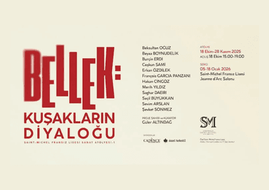 Affiche officielle de l’atelier « Mémoire : Dialogues au fil des âges » du lycée français Saint-Michel, indiquant les artistes, dates de l’atelier et de l’exposition.