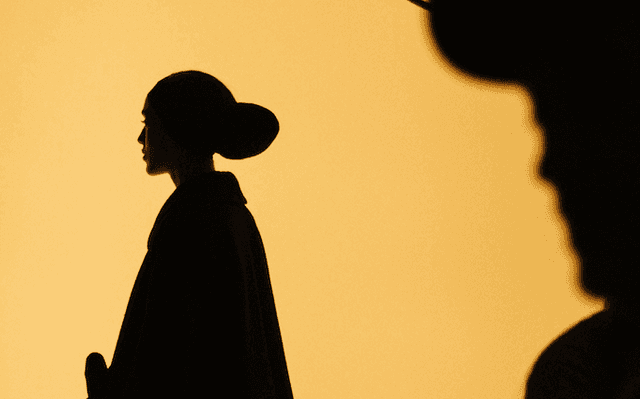 L'ombre d'une femme sur un fond jaune