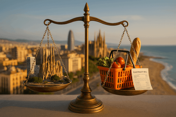 Une image réaliste en format paysage représentant une balance symbolique. À gauche, les plages dorées et la skyline reconnaissable de Barcelone — avec la Sagrada Família et la Méditerranée en arrière-plan — évoquent la vie ensoleillée et attractive.