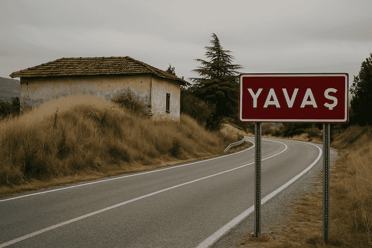 Panneau Yavaş au bord d’une route en Turquie appelant les conducteurs à ralentir