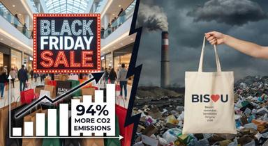 Un journée de Black Friday avec l'impact au niveau CO2 et une sac devant une décheterie