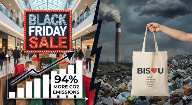 Un journée de Black Friday avec l'impact au niveau CO2 et une sac devant une décheterie