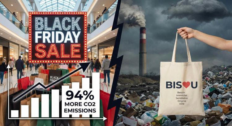 Un journée de Black Friday avec l'impact au niveau CO2 et une sac devant une décheterie