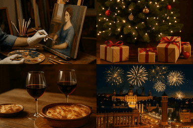 Collage réaliste en quatre scènes représentant les événements de fin d’année de l’UFE Barcelone : en haut à gauche, un restaurateur d’art retouche un portrait dans un atelier ; en haut à droite, un sapin de Noël illuminé entouré de cadeaux ; en bas à gauche, deux verres de vin rouge accompagnés d’un plat de tartiflette ; en bas à droite, un feu d’artifice éclate au-dessus du Musée National d’Art de Catalogne à Barcelone.