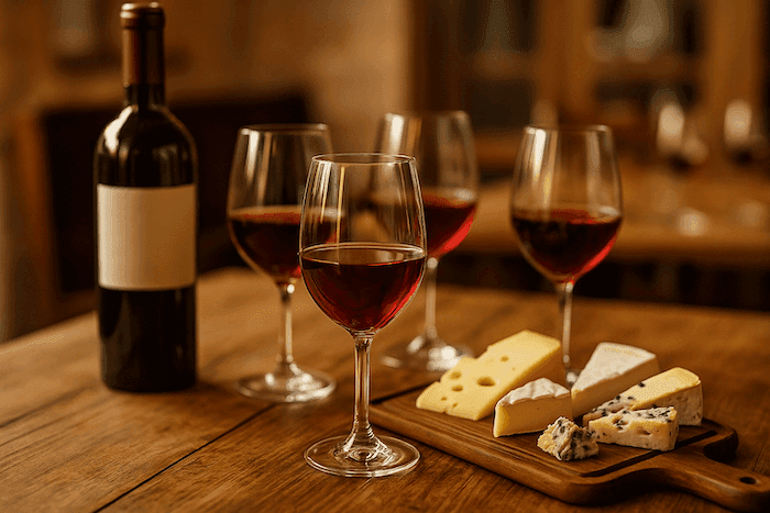 Table en bois avec plusieurs verres de Beaujolais Nouveau remplis, une bouteille sans étiquette visible et une planche de fromages français, le tout éclairé par une lumière chaude dans une ambiance conviviale.