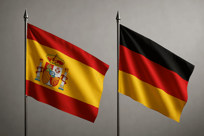 Drapeau espagnol à gauche et drapeau allemand à droite, se faisant face sur un fond gris clair, éclairés en léger contre-jour, évoquant une confrontation symbolique entre les deux pays.