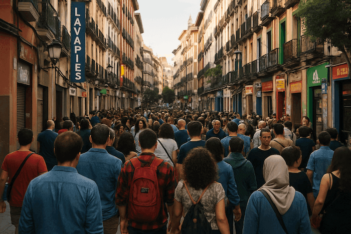 Scène de rue animée à Madrid : des passants de différentes origines marchent sur un large trottoir bordé d’immeubles élégants, par une journée ensoleillée, sans que leurs visages soient reconnaissables.