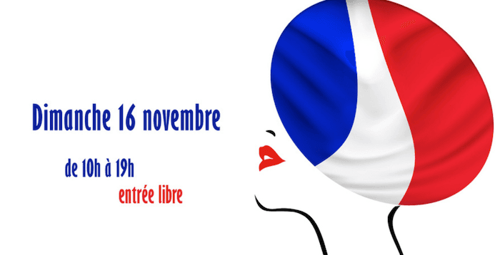 affiche du salon magnifique sur l'art de vivre francais à madrid avec berret bleu blanc rouge