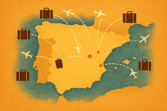 Carte stylisée de la péninsule Ibérique vue du dessus, représentant l’Espagne et le Portugal dans des tons chauds. Des valises et de petits avions entourent la carte, reliés par des lignes pointillées convergeant vers trois points en Espagne, symbolisant les flux migratoires et la croissance démographique du pays.