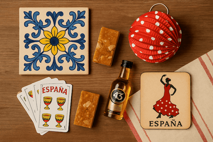 Vue en plongée d’un ensemble d’objets artisanaux espagnols posés sur une table en bois : un azulejo peint en bleu et jaune, un petit lampion rouge à pois blancs, des morceaux de turrón, une mini-bouteille de Licor 43, un dessous de verre illustré d’une danseuse flamenca, et un jeu de cartes espagnol.