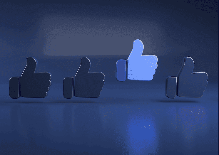 Un pouce bleu isolé parmi plusieurs icônes de “like” sombres, illustrant un geste distinct sur les réseaux sociaux