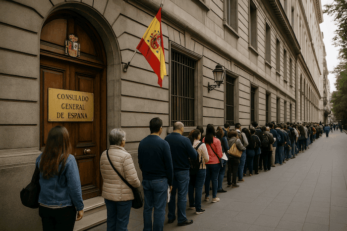 File d’attente devant un consulat d’Espagne : des dizaines de personnes patientent sur le trottoir, alignées le long d’un bâtiment officiel portant le drapeau espagnol et une plaque « Consulado General de España ».