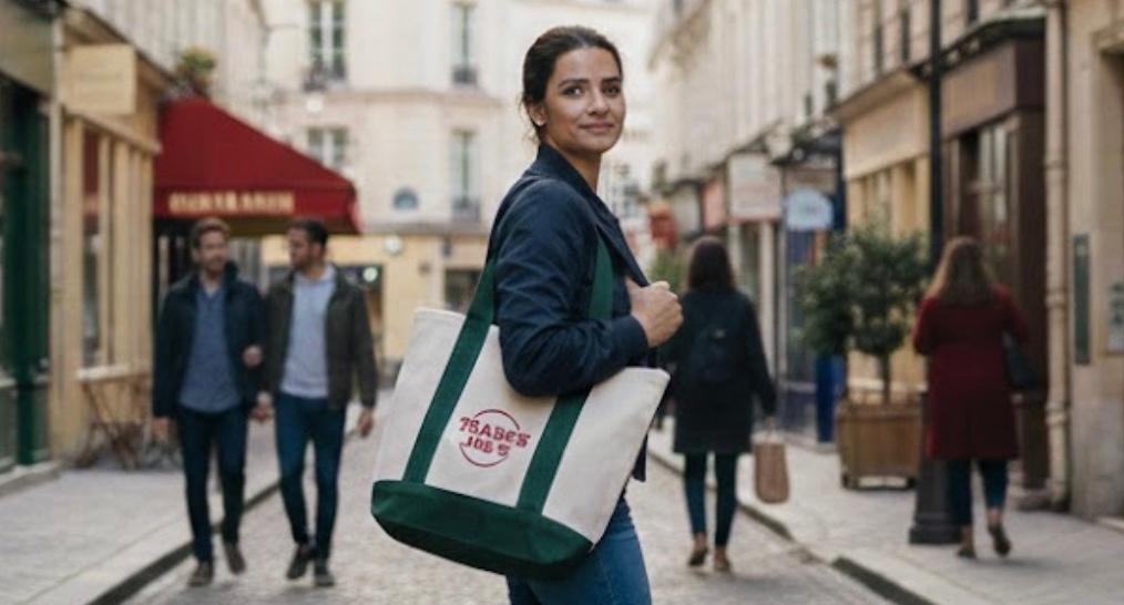 Une fille avec sac Trader Joe's dans une rue à Paris