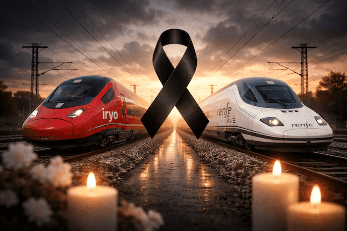 Illustration symbolique de deuil montrant deux trains à grande vitesse se faisant face sur des voies ferrées, séparés par un ruban noir de commémoration, à la tombée du jour.