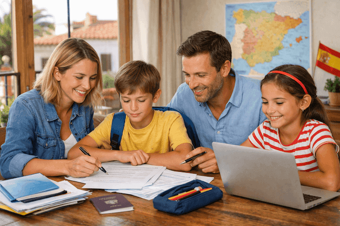 Famille française vivant en Espagne remplissant un dossier de bourse scolaire pour l’enseignement français à l’étranger.