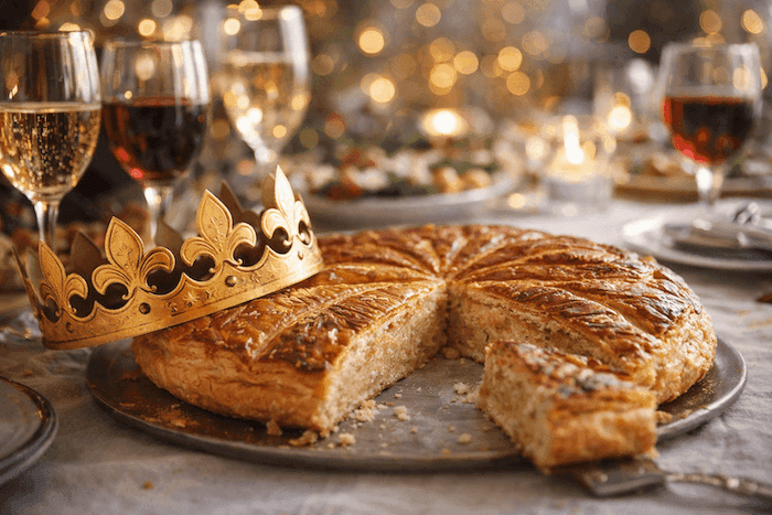 Galette des rois à la frangipane, découpée sur une table festive, avec couronne dorée et verres de vin en arrière-plan.