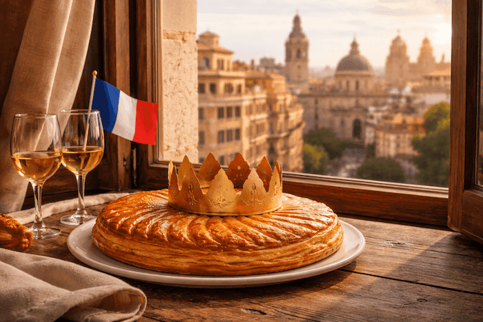 Galette des Rois dorée posée près d’une fenêtre, avec vue sur les toits et les bâtiments historiques de Valence, dans une lumière hivernale, clin d’œil à la tradition française en Espagne.