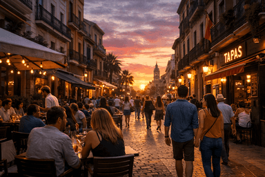 Rue animée en Espagne au coucher du soleil, avec des habitants et expatriés attablés en terrasse et se promenant, illustrant la qualité de vie et l’art de vivre espagnol.