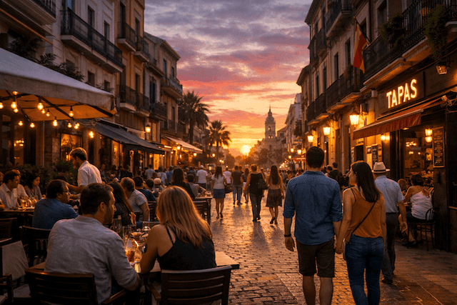 Rue animée en Espagne au coucher du soleil, avec des habitants et expatriés attablés en terrasse et se promenant, illustrant la qualité de vie et l’art de vivre espagnol.
